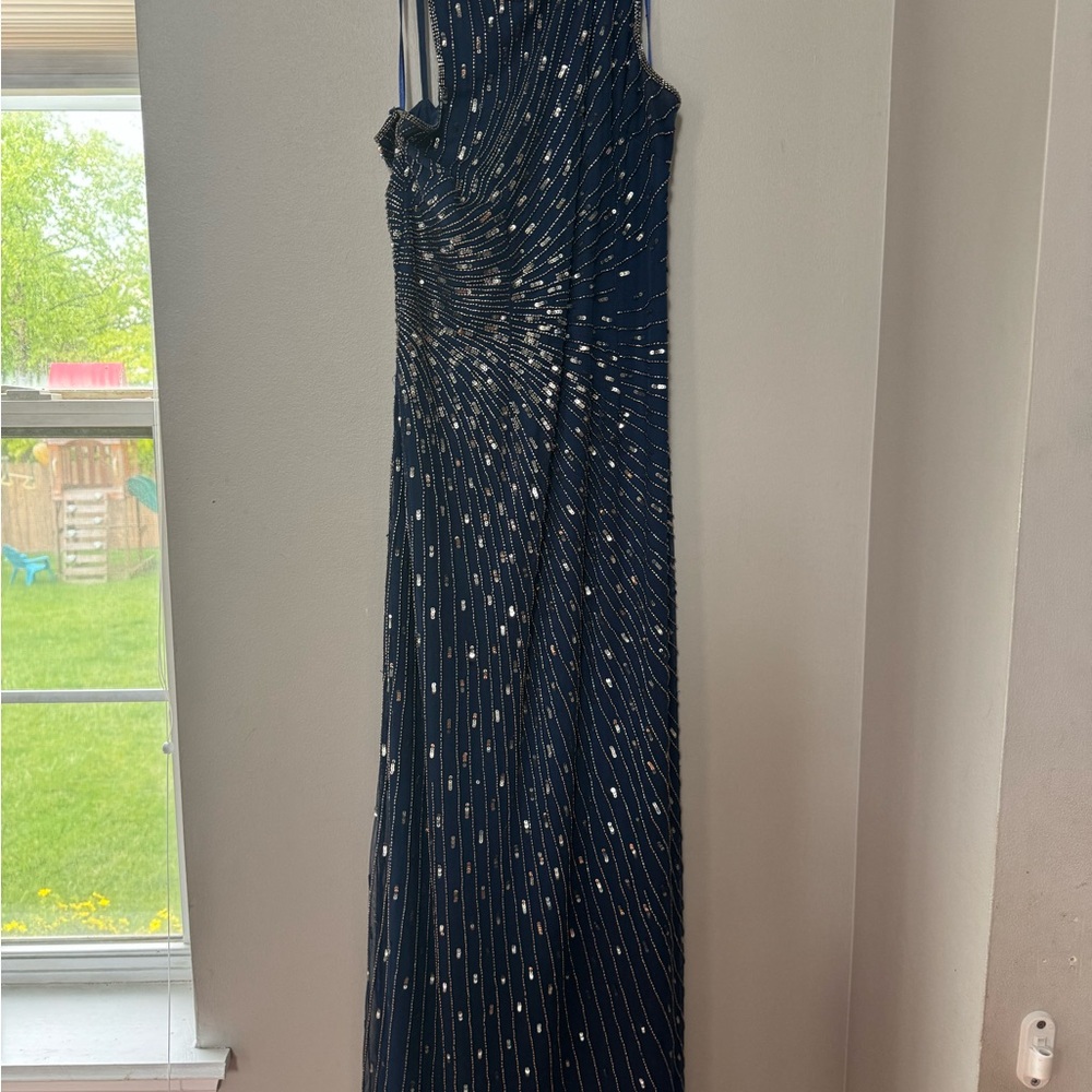 Adrianna Papell Blue Sequin One Shoulder Gown